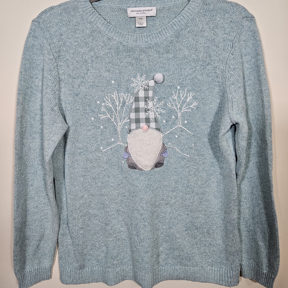 Christopher & Banks Light Blue Sweater with Gnome Design